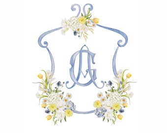 White Yellow Blue Flowers Wedding Crest, Watercolor Wedding Crest, Watercolor Wedding Floral Crest