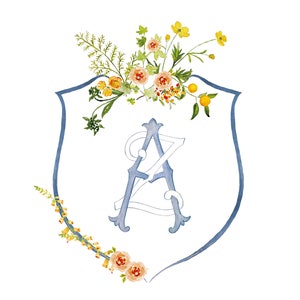 Orange and Yellow Flowers Watercolor Crest, Wild Flowers Crest with Monogram, Watercolor Wedding Crest, Vintage Wedding Monogram