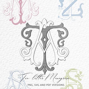 May include: A collection of ornate two-letter monograms in various colors, including pink, blue, and green, with a central black and white monogram. The image includes the text "Two Letter Monogram" and file type options.