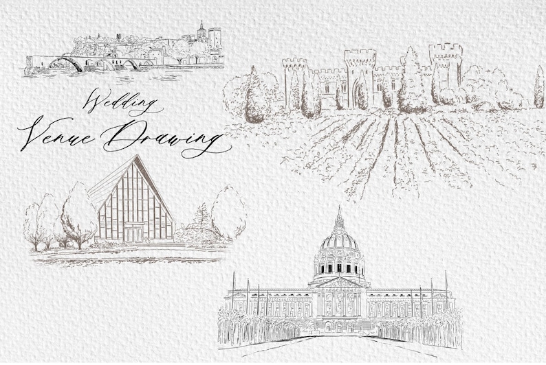 May include: A black and white line drawing illustration of four different wedding venues. The illustration includes a castle, a modern building, a church, and a city hall.
