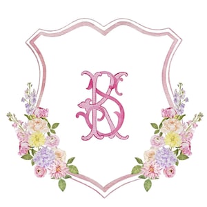 Pink Flowers Watercolor Crest, Colorful Crest with Monogram, Watercolor Wedding Crest, Vintage Wedding Monogram