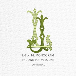 Puede incluir: Diseño de monograma verde con las letras L y J en una fuente ornamentada. La imagen incluye el texto "L-J or J-L MONOGRAM PNG AND PDF VERSIONS OPTION-1" sobre un fondo blanco.