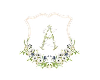White Flowers Crest with Monogram, Watercolor Wedding Crest, Vintage Wedding Monogram, Ranunculus, Anemone
