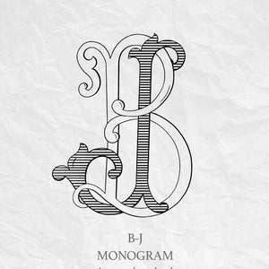 May include: Black and white monogram design featuring the letters B and J intertwined with decorative flourishes. The text "B-J MONOGRAM instant download" is below the design, set against a textured, off-white background.