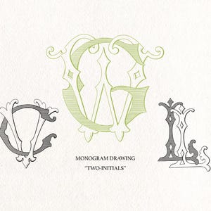 May include: Monogram drawing featuring three different two-initial designs. The designs include the initials "CV" in black and gray, "CW" in green, and "IL" in black and gray. The text "MONOGRAM DRAWING" and "TWO-INITIALS" are also present.