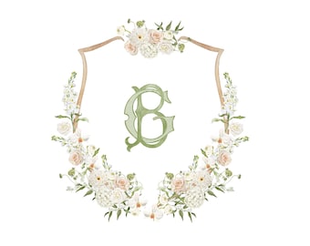 Soft colors wedding crest, Watercolor wedding crest, Wedding monogram and crest illustration, wedding floral crest