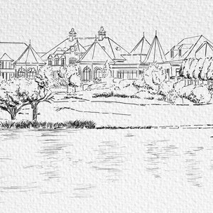 May include: A black and white line drawing of a large house with a fountain in front of it. The house has a large lawn and a pond in front of it.