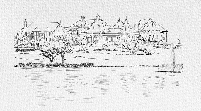 May include: A black and white line drawing of a large house with a fountain in front of it. The house has a large lawn and a pond in front of it.