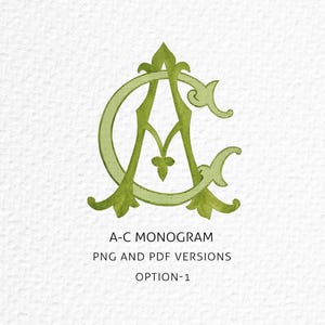 Könnte beinhalten: Ein grünes Monogramm-Design mit den Buchstaben A und C, verziert mit dekorativen Verzierungen. Der Text "A-C MONOGRAM" steht darunter, zusammen mit "PNG AND PDF VERSIONS" und "OPTION-1". Das Design befindet sich auf einem strukturierten weißen Hintergrund.