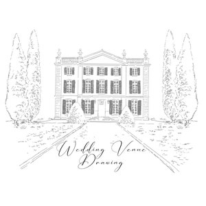 May include: A black and white line drawing of a wedding venue. The venue is a large, three-story building with a symmetrical facade. There are two trees on either side of the building, and a path leading up to the entrance. The text "Wedding Venue Drawing" is written below the image.