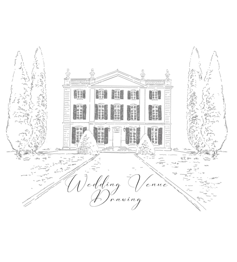 May include: A black and white line drawing of a wedding venue. The venue is a large, three-story building with a symmetrical facade. There are two trees on either side of the building, and a path leading up to the entrance. The text "Wedding Venue Drawing" is written below the image.