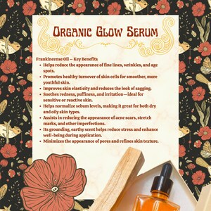 May include: An orange Organic Glow Serum bottle with a dropper, a wooden stick, and a flower are displayed on a floral background. The text on the image lists the benefits of the serum, including reducing wrinkles and improving skin elasticity.