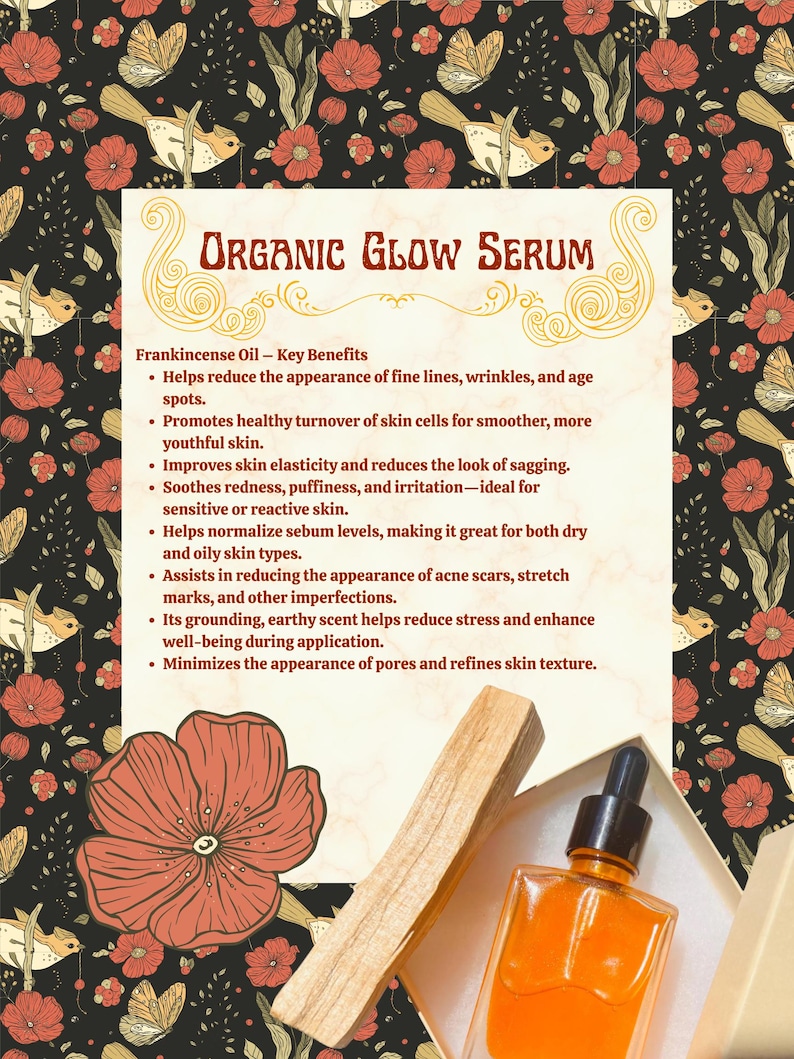 May include: An orange Organic Glow Serum bottle with a dropper, a wooden stick, and a flower are displayed on a floral background. The text on the image lists the benefits of the serum, including reducing wrinkles and improving skin elasticity.