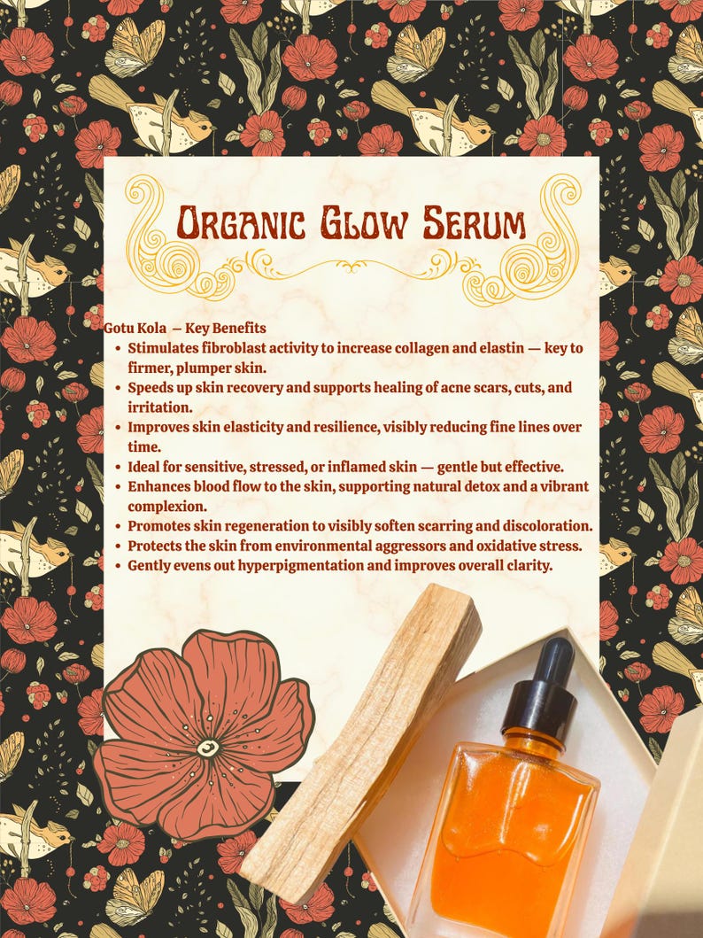 May include: An orange Organic Glow Serum bottle with a dropper, a wooden stick, and a decorative flower are displayed on a floral background. The text on the label lists the serum's benefits, including skin elasticity and scar reduction.
