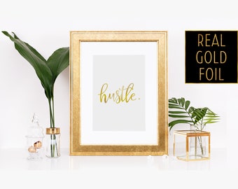 Cubicle Wall Print - Motivate Home Decor - Tumblr Wall Art - Hustle - Gold Foil Word - Gold Hustle Decor - Foiled Font Text - Rose Gold Sign
