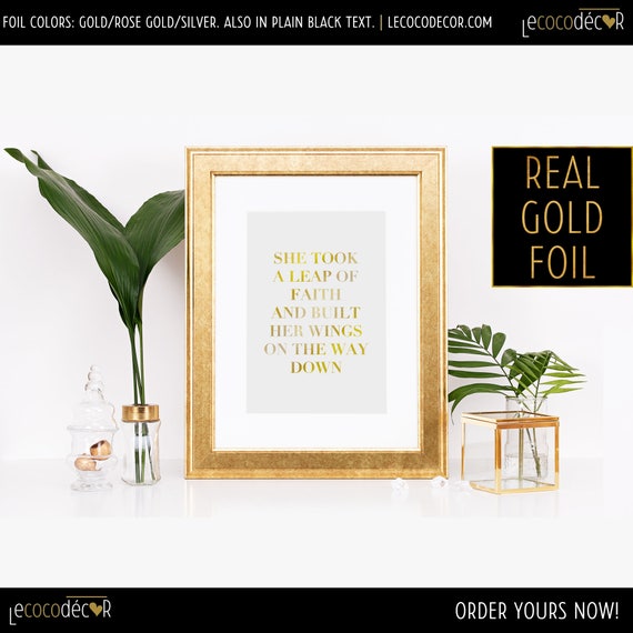 Girly Foil Art Leap Of Faith Gold Quote Signs Trendy Text Prints Cute Room Ideas Tumblr Wall Quotes Gold Office Decor Job Art