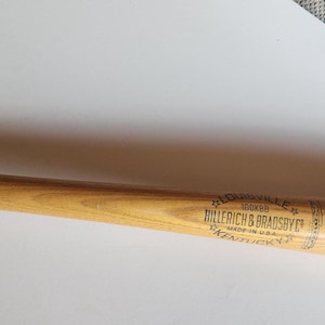 May include: A wooden baseball bat with a light brown finish. The bat has text that reads "Louisville, Hillerich & Bradsby Co." and "Made in U.S.A." along with a signature. The bat is lying on a white surface.