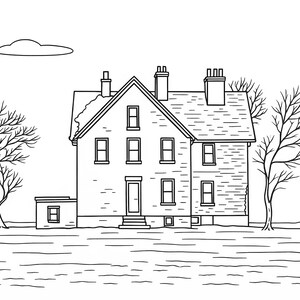 May include: Black and white line drawing of a two-story house with multiple windows, a front door, and chimneys. Bare trees flank the house, and a cloud floats in the sky above. The house is set on a grassy area.