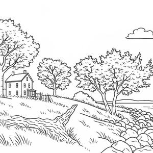 May include: Black and white line art illustration of a landscape featuring a house, trees, and a body of water. The house is two stories with a porch. Trees are scattered throughout the scene, and the water's edge is lined with rocks.