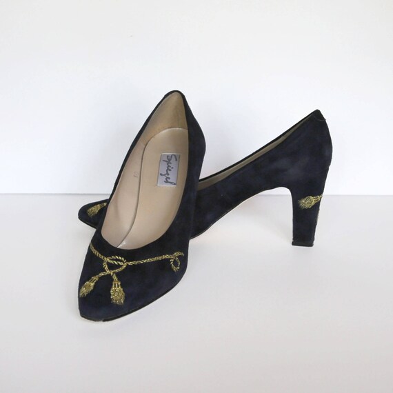 gold and navy blue heels