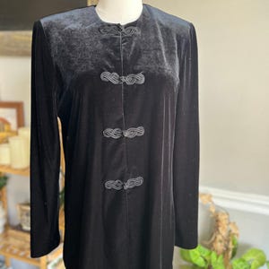 Vintage 80s Evening Jacket Black Velvet Long Tunic Frog Closure Size Small