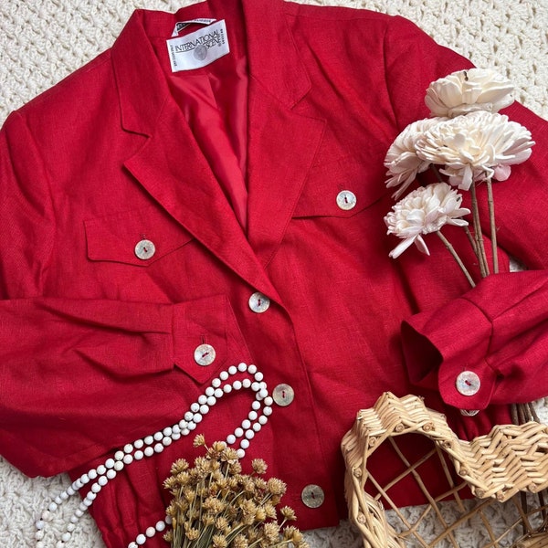 Veste courte en lin rouge vintage des années 80/taille moyenne