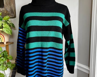 Vintage 90er Jahre Colorblock Bunt Schwarz Blau Gestreifter Rollkragen Pullover