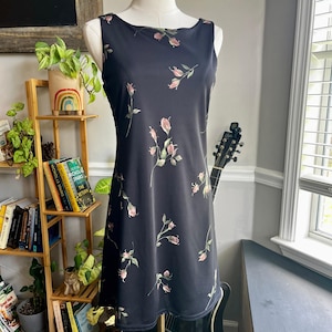 Vintage 90s Black Mini Dress with Neutral Roses Size XS Small