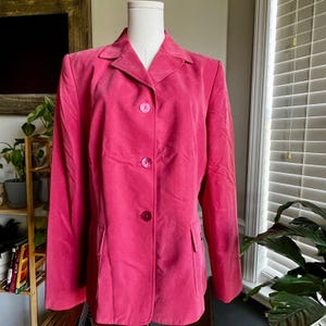 Vintage 90-tals rosa kavaj med fyrkantiga fickor och rosa knappar, storlek large