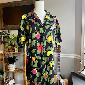 Vintage 80s Fruit Print Rayon Button Front Blouse Size Small