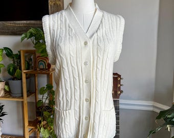 Vintage 90s Cream Cableknit Button Front Sweater Vest Size Small