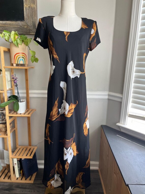 vintage 90s maxi dress Black White Calla Lily Size Large plp-51514