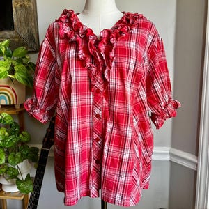 Vintage Y2K Red Plaid Ruffle Cotton Western Shirt Size 2X