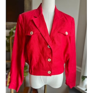 Vintage 80s Red Linen Cropped Bomber Blazer Jacket Size Medium