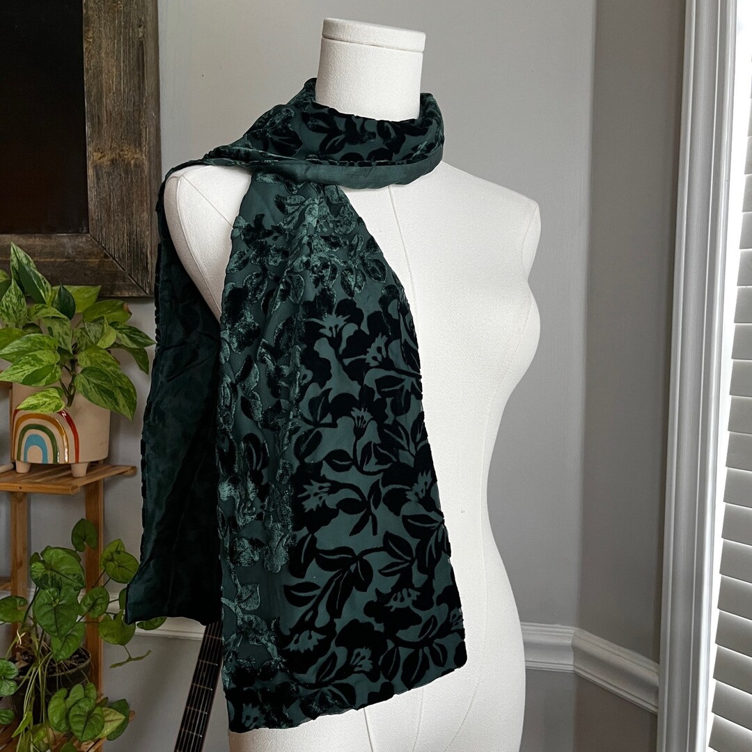 Image showcasing Vintage Green Silk and Velvet Floral Scarf - Etsy