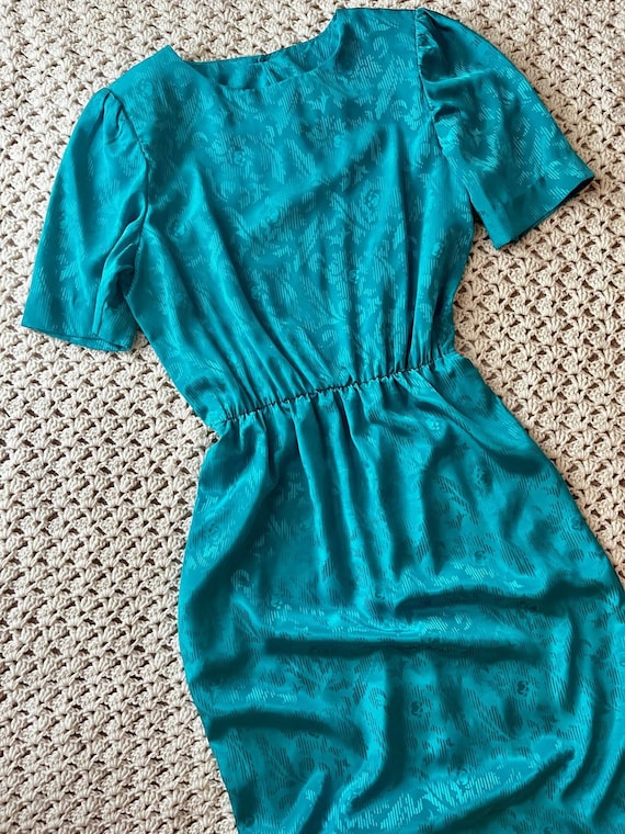 Vintage 80s Green Floral Satin Dress Size Medium