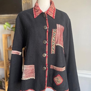 Vintage 90s Patchwork Jacket Black Red Aztec Knit Cotton Size Large