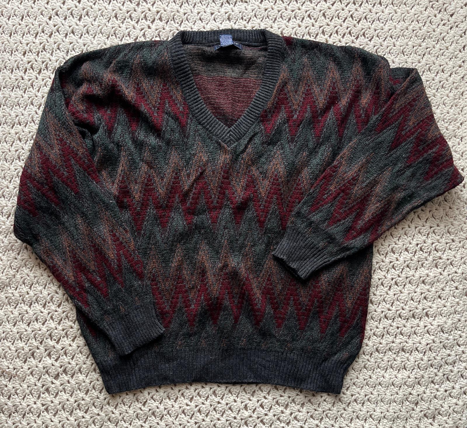 Vintage 90s Striped Grandpa Sweater Red Green Copper V-neck Cosby