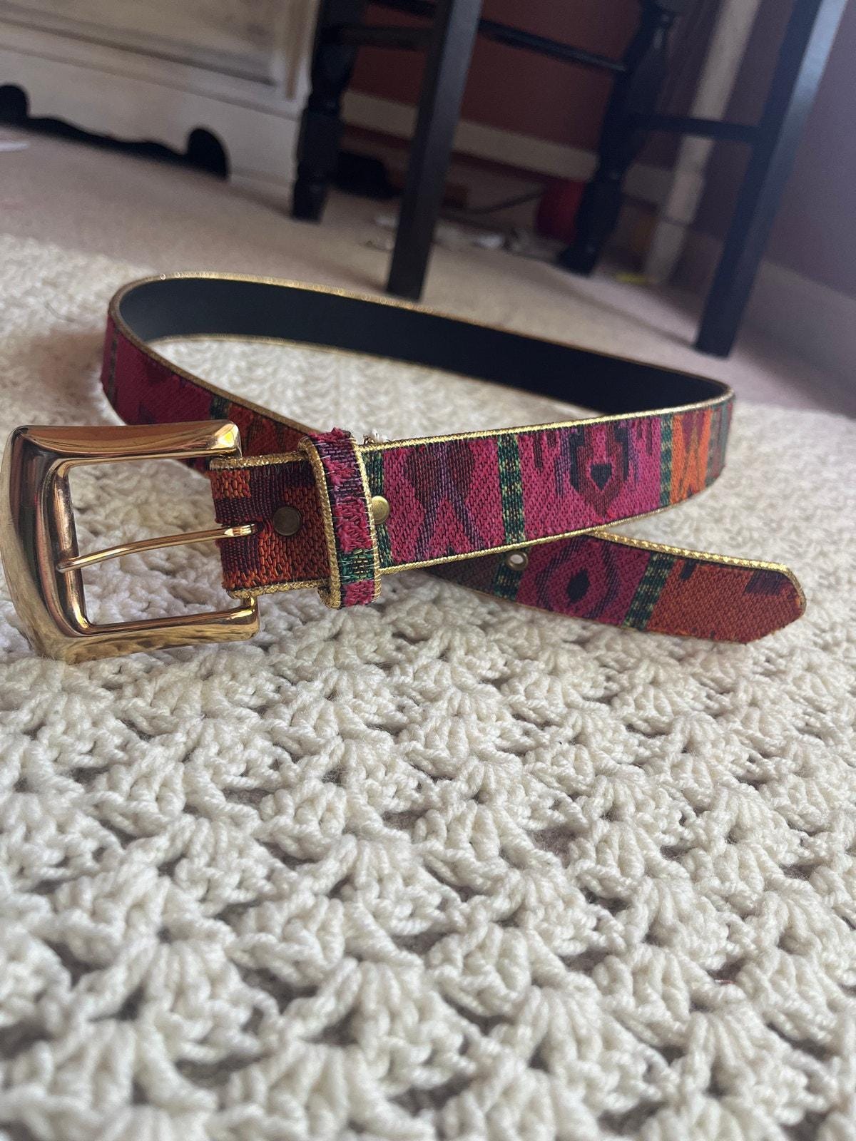 Vintage Cherry Red Leather Belt Pewter Buckle Aztec Mexican Adjustable 22-33” Aztec Tooled & Painted Brown Leather Belt Size 32/ Vintage  main image 3