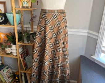 Vintage 90s Plaid Midi Skirt Tan Black Red White Circle Size XS