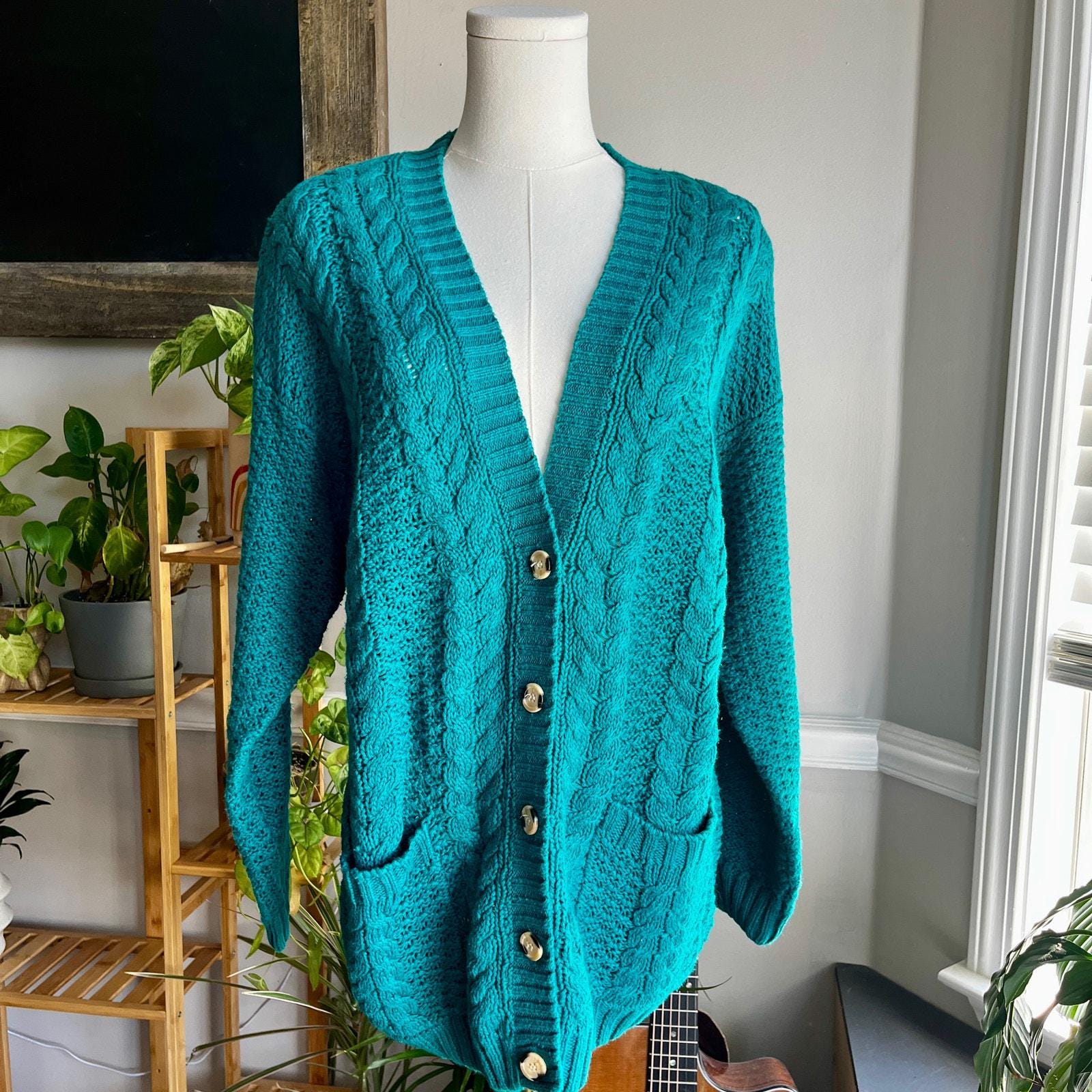 Vintage 90s Teal Chunky Knit Cotton Cableknit Cardigan Size