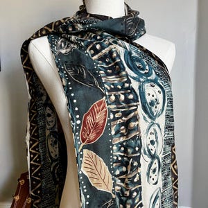 Vintage Blue Cream Brown Earth Tone Abstract Leaf Long Silk Scarf