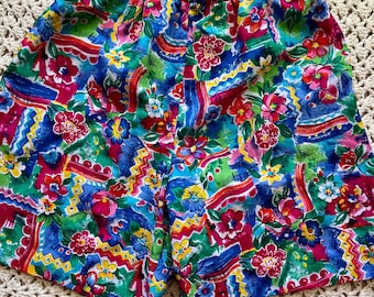 Vintage 90s Elastic Waist Shorts Floral Tropical Colorful Caribbean Size Small