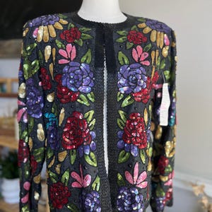 Vintage 90s Silk Beaded Floral Jacket Evening Colorful Size Small