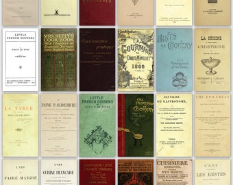 Könnte beinhalten: Eine Collage aus Vintage-Kochbuchcovern mit Titeln wie "Easy French Cookery", "Little French Dinners" und "The Profession of Cookery from a French Kitchen". Die Cover sind in verschiedenen Farben gehalten und zeigen Illustrationen von Speisen, Küchenutensilien und Menschen.