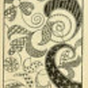 May include: Black and white abstract design with swirling patterns and geometric shapes. The design features a variety of shapes, including circles, spirals, and leaves.
