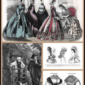 Peut inclure: Une illustration vintage repr&eacute;sentant quatre femmes en robes et bonnets &eacute;labor&eacute;s. Les femmes se tiennent dans une pi&egrave;ce avec une chemin&eacute;e et une horloge au mur. L'illustration est en noir et blanc et a un aspect d&eacute;lav&eacute; et antique.