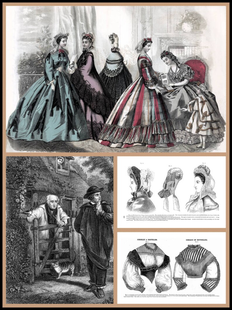 Peut inclure: Une illustration vintage repr&eacute;sentant quatre femmes en robes et bonnets &eacute;labor&eacute;s. Les femmes se tiennent dans une pi&egrave;ce avec une chemin&eacute;e et une horloge au mur. L'illustration est en noir et blanc et a un aspect d&eacute;lav&eacute; et antique.
