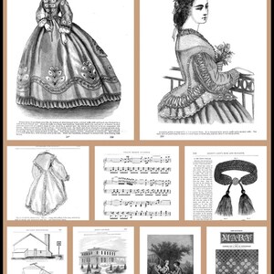 Peut inclure: Une illustration vintage en noir et blanc d'une femme portant une longue robe &agrave; jupe ample avec un col haut et des manches longues. La robe est d&eacute;cor&eacute;e d'un motif floral. L'illustration est intitul&eacute;e "Dinner-Dress".
