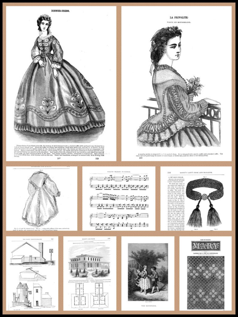 Peut inclure: Une illustration vintage en noir et blanc d'une femme portant une longue robe &agrave; jupe ample avec un col haut et des manches longues. La robe est d&eacute;cor&eacute;e d'un motif floral. L'illustration est intitul&eacute;e "Dinner-Dress".